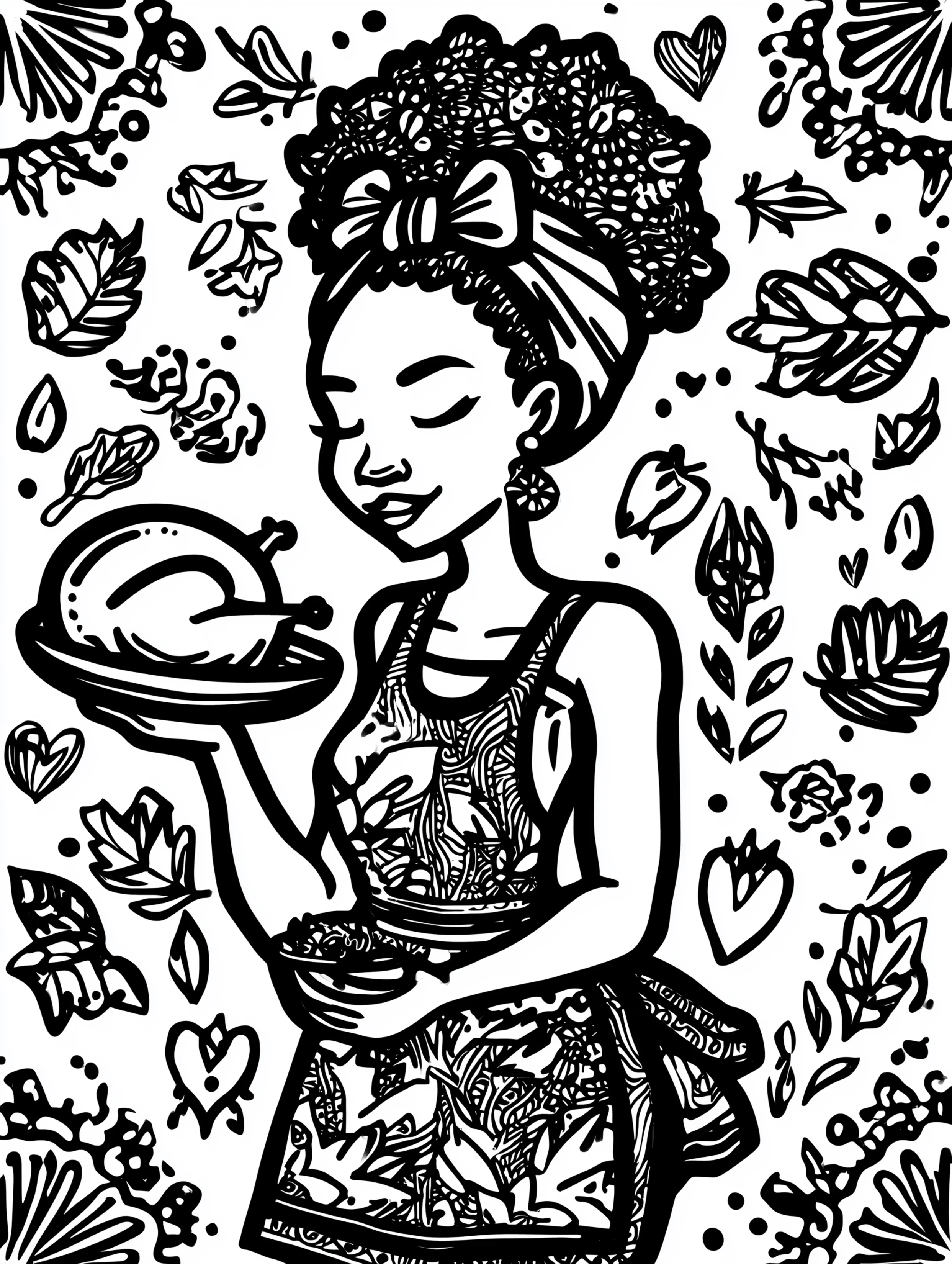 Free printable coloring page for your mom featuring a mom cooking a turkey dinner